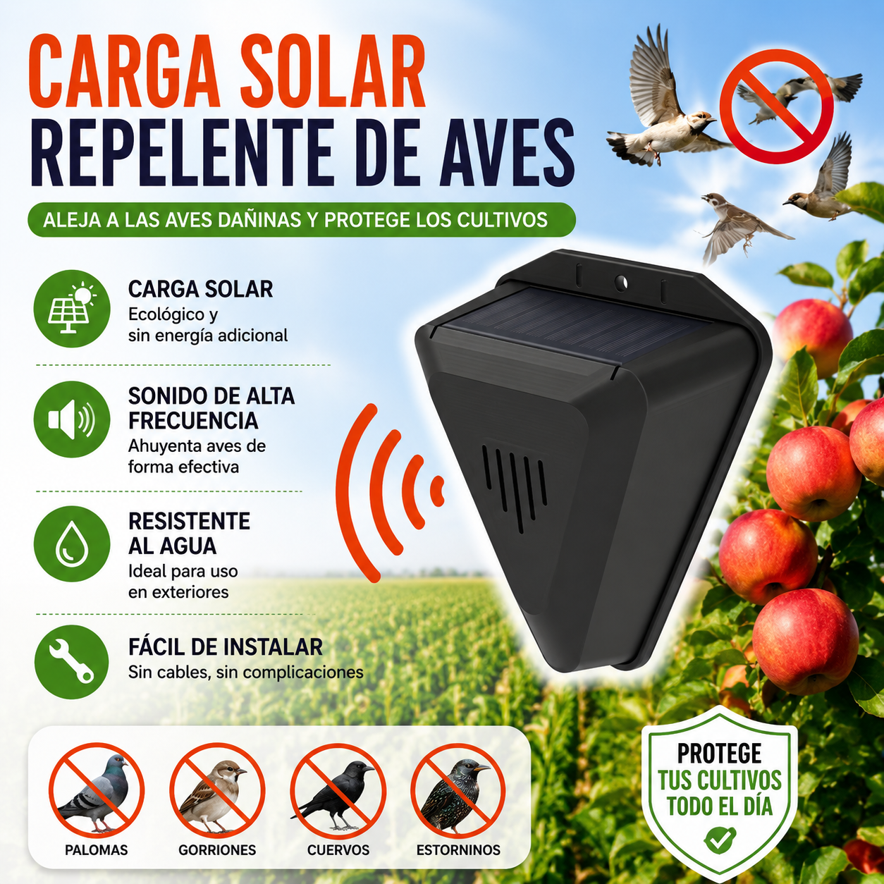 🔥📣Dispositivo de alarma solar con sonido y luz para pájaros, ideal para huertos, estanques de peces, arrozales