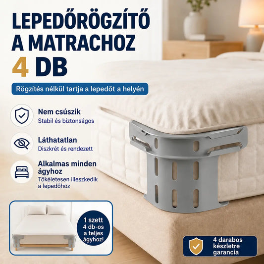 Négy darabos szett 🛏️ Rejtett lepedőcsipeszek négy sarkú szegéllyel - megakadályozzák a lepedők elmozdulását vagy csúszkálását, laposan és biztonságosan tartva őket.