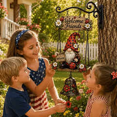 🔥Campana de bienvenida con gnomo de jardín✨ placa de "Welcome", campana de bronce estilo retro, soporte de pared de hierro, decoración para jardín y patio