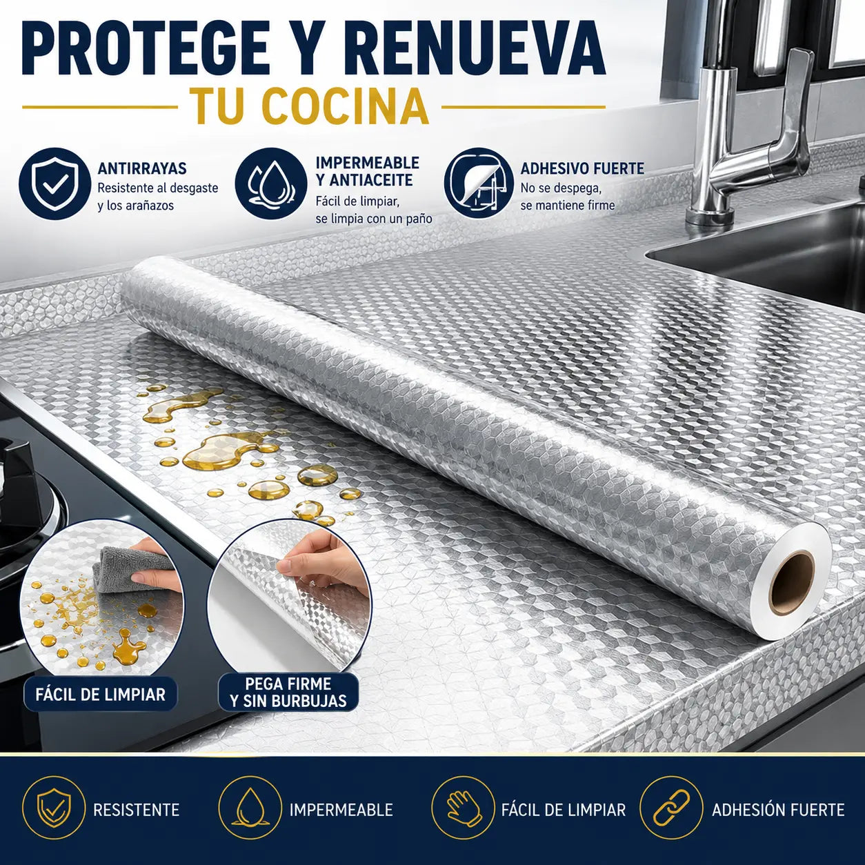 ♨️♨️【40cm*12m】 Lámina Adhesiva de Aluminio Removible – Antigrasa, Resistente al Calor y Fácil de Limpiar