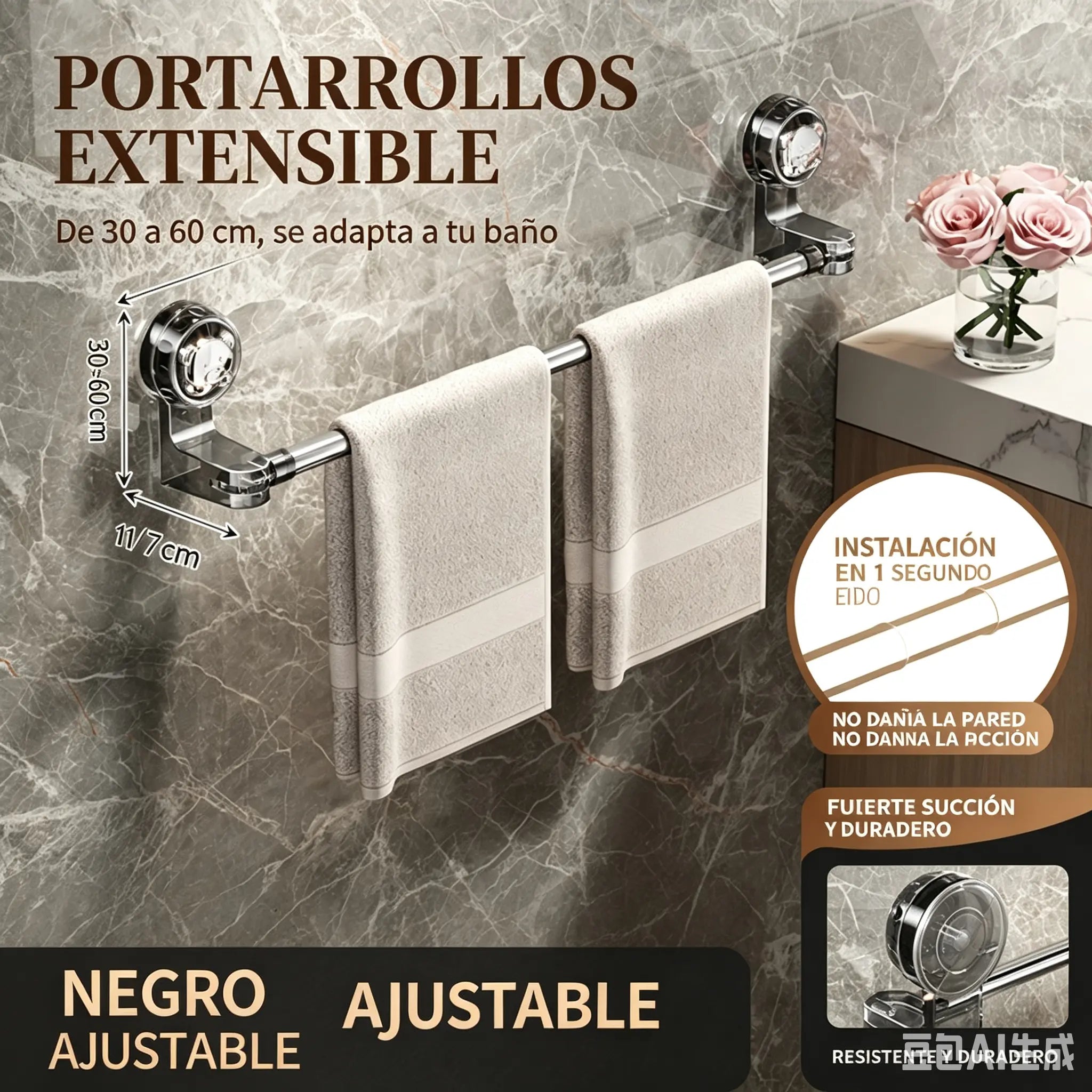 ✨🚿Diseño ligero y sin perforaciones —Toallero retráctil con ventosa