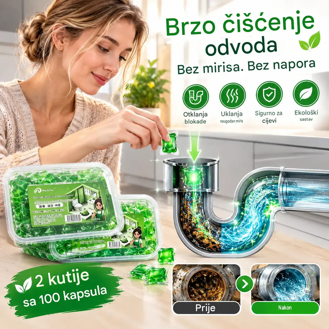 ✨【2 pakiranja (ukupno 100 kapsula)】Kapsule za uklanjanje neugodnih mirisa topive u vodi, posebno osmišljene za uklanjanje mirisa iz odvodnih cijevi – idealno rješenje za sprječavanje širenja neugodnih mirisa u kupaonicama i kuhinjama.
