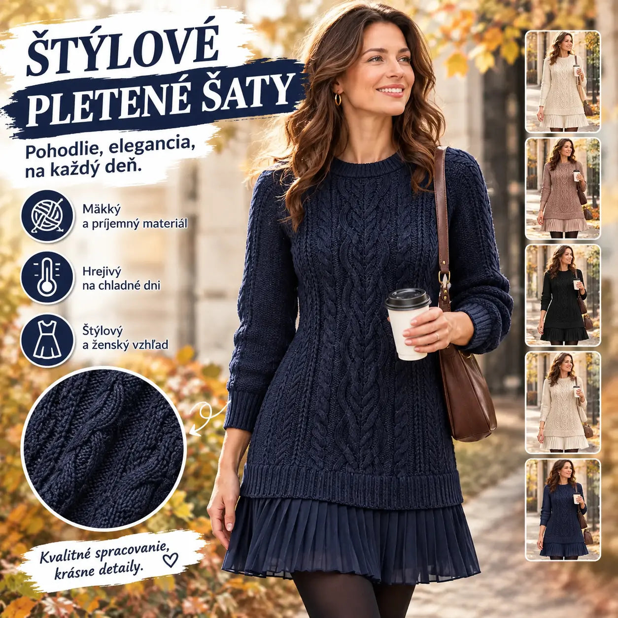 🧶 Elegantné pletené šaty s plisovaným lemom — pohodlný štýl na chladnejšie dni, dostupné vo veľkostiach S–3XL.