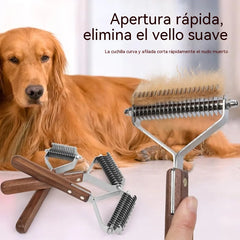 Cepillo profesional para eliminar el pelo muerto de perros y gatos, peine doble de acero inoxidable para desenredar el pelaje y eliminar la capa interna, mango de madera, reduce la caída del pelo.