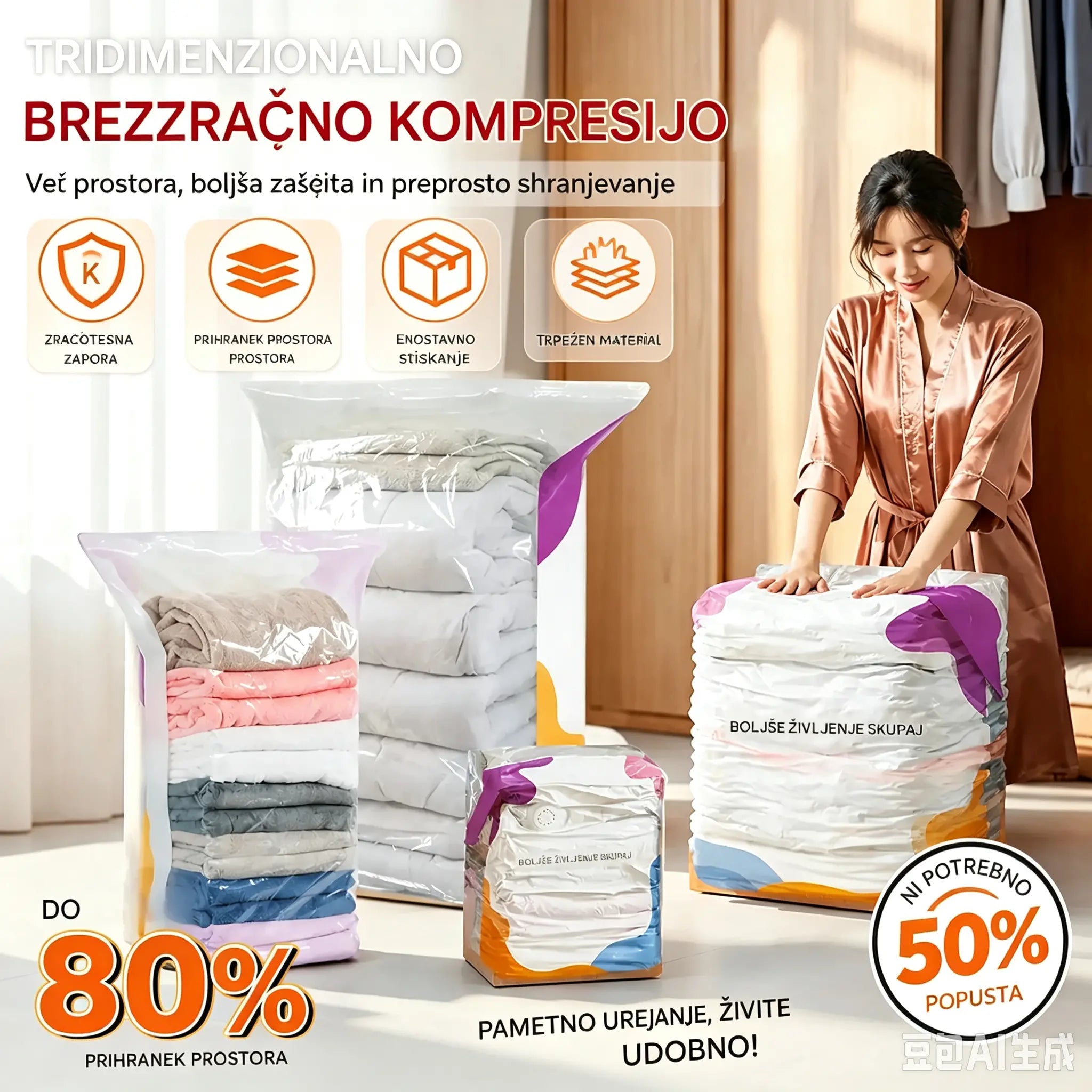 ⏳ Časovno omejena ponudba 🔥【Komplet 4】Vakuumske kompresijske vrečke brez črpalke, vrečke za shranjevanje, odporne proti prahu