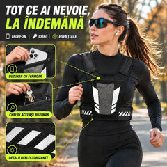 🏃 Chaleco para correr y practicar deportes con bolsillo frontal · Compartimento para el móvil con cremallera · Soporte trasero para botella de agua · Detalles reflectantes para la noche · ¡Malla transpirable y correas ajustables!