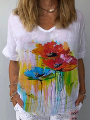 【39%OFF】【S-5XL】🌈Camiseta de manga corta de lino y algodón con estampado floral💐