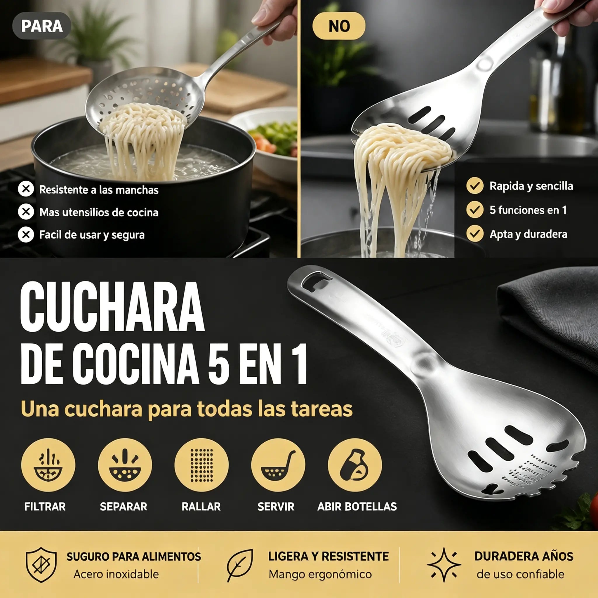 🔄🍲 ¡Oferta por tiempo limitado! 50% de descuento – Cuchara multiusos 🌿 colador y separador, 🧂 función de molido, 🍾 abridor – ¡todo en 1!