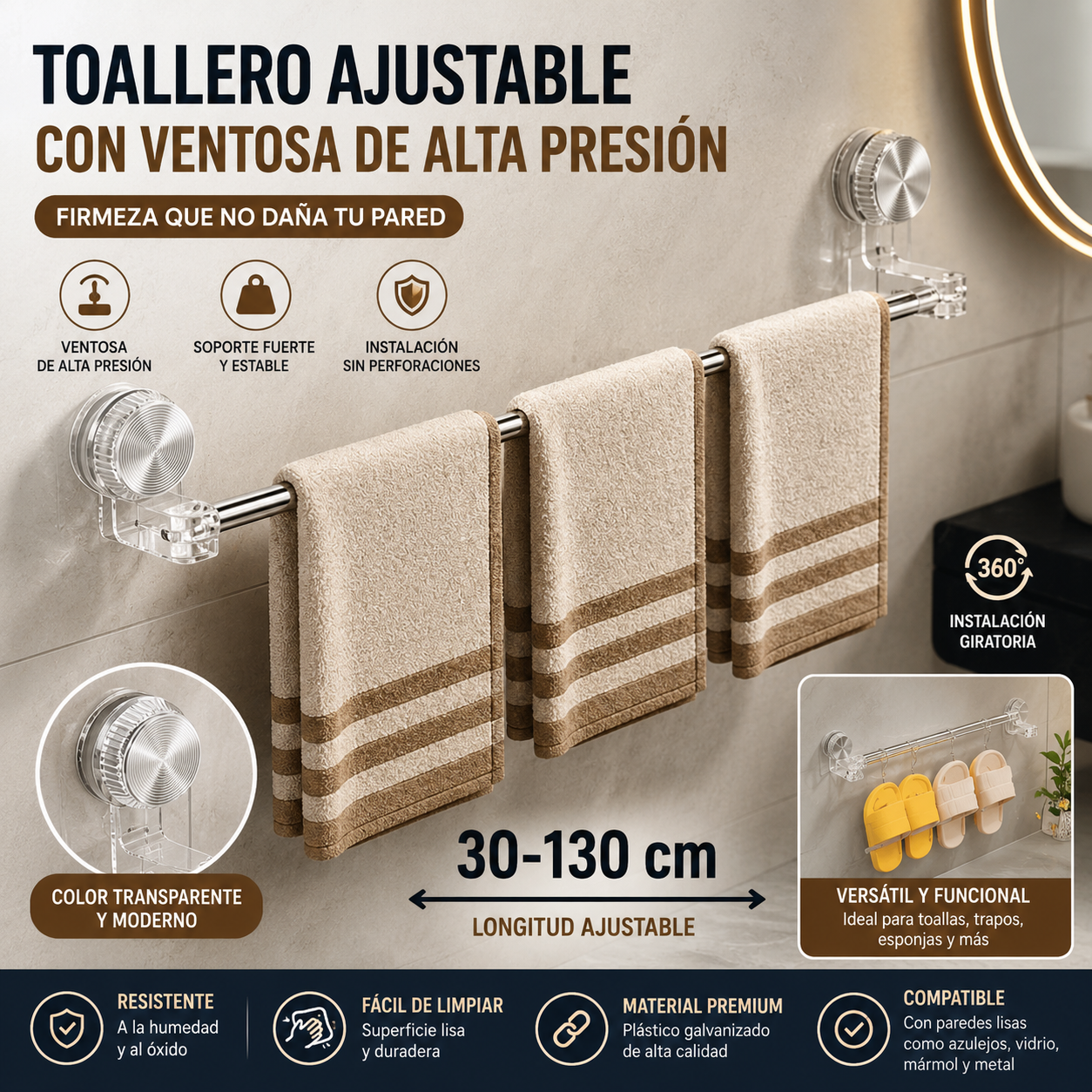 🎁Precio más bajo por tiempo limitado✨🚿Diseño ligero y sin perforaciones —Toallero retráctil con ventosa