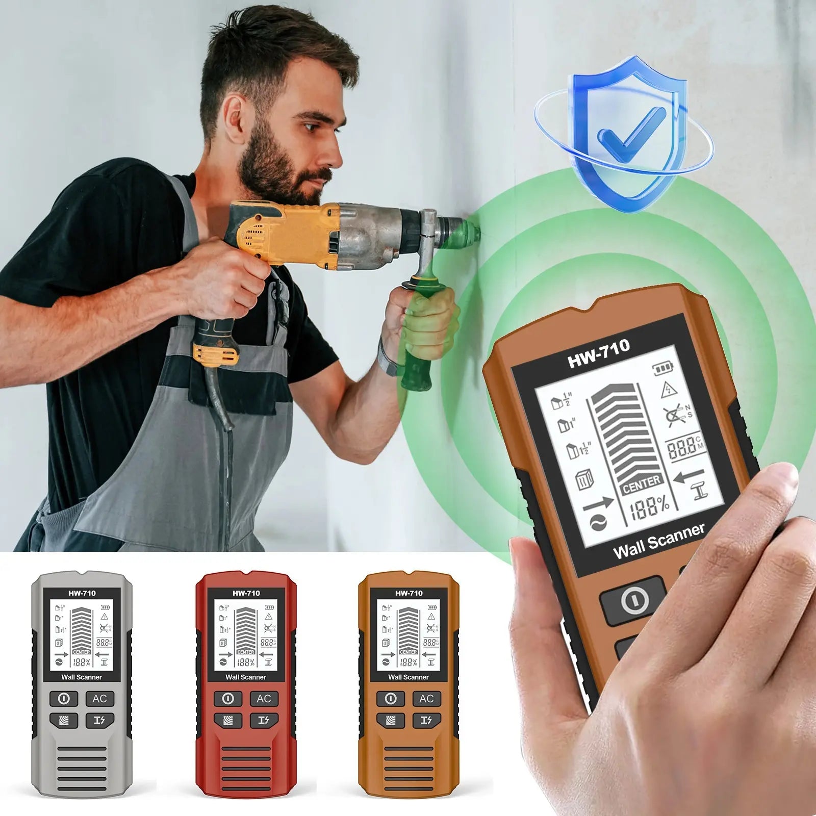 🔍Detector multifuncional de metal, madera y cables; localiza de forma segura y precisa tuberías y cables ocultos.