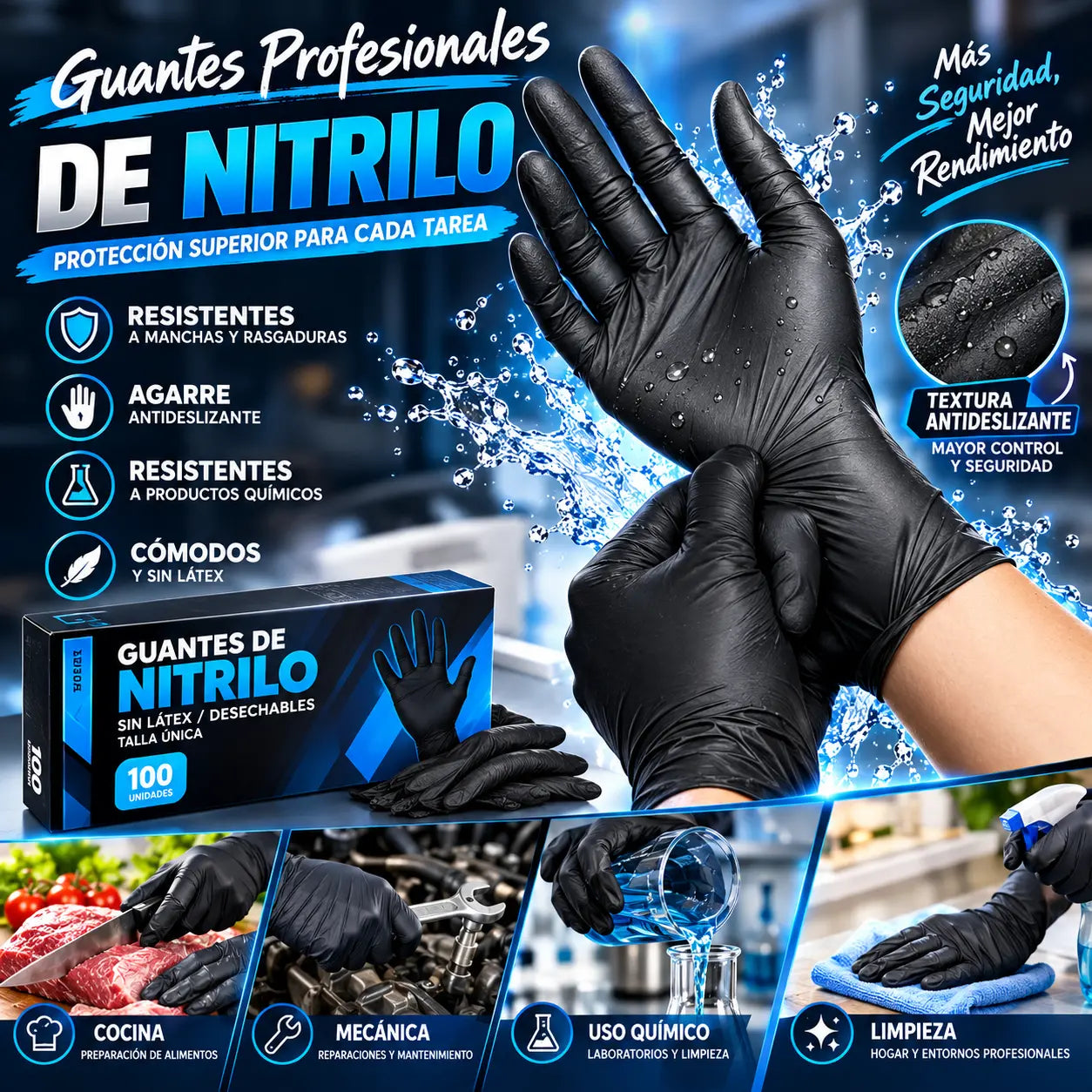 【25€】100 unidades⚡50% de descuento🎁 Guantes profesionales de nitrilo: duraderos, antideslizantes y resistentes a manchas y arañazos.