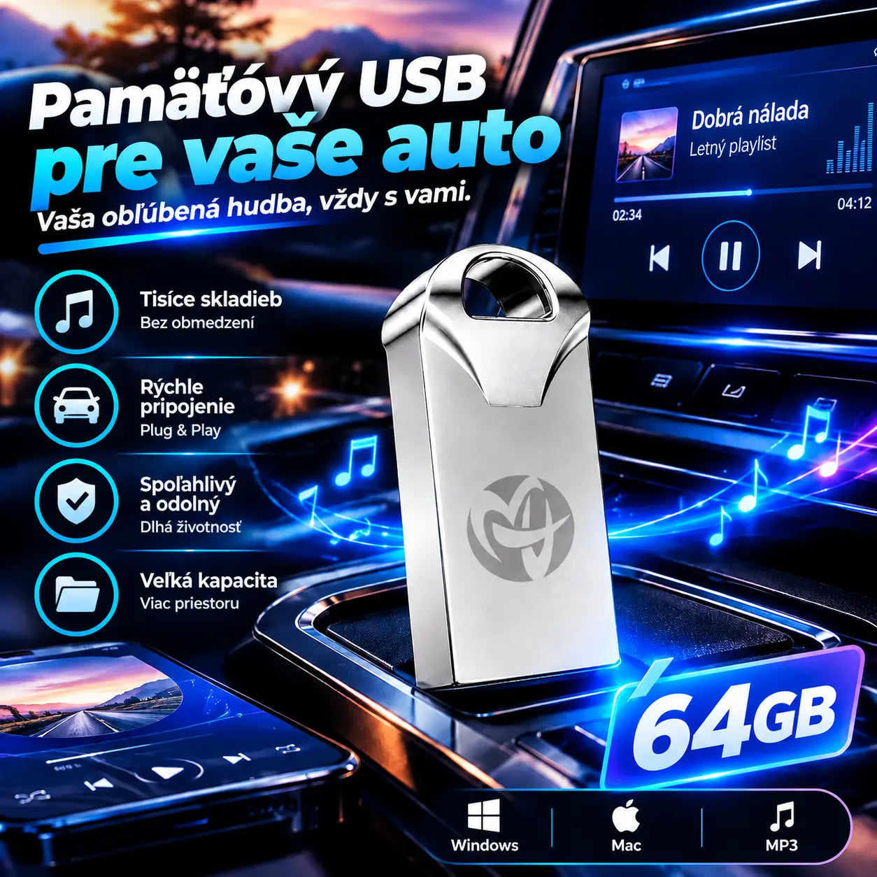 🚗🎵🎵【64G】【Hudobný USB kľúč】Obsahuje 4000 skladieb, 300 hudobných nahrávok a 6D zvukové efekty