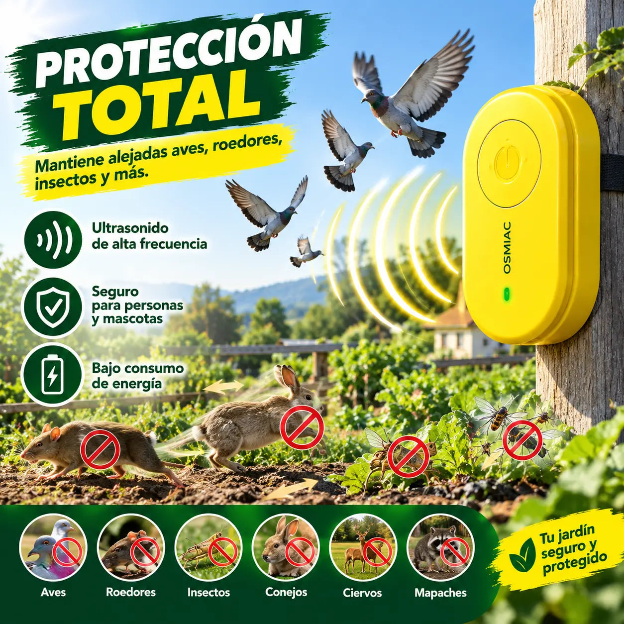 🐦 Repelente de pájaros ultrasónico portátil | Ahuyentador automático para palomas, ideal para balcones, jardines y exteriores