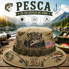 🎣Sombrero de pescador retro, decorado con un estampado de lubina y elementos de exterior, transpirable y con protección solar.
