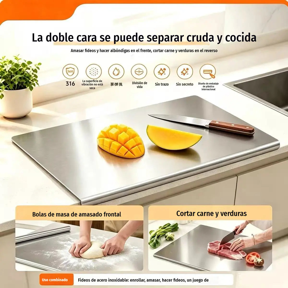 🔪 Tabla de cortar de acero inoxidable con borde plegado – Extra gruesa y multifuncional, ideal para cocina profesional y uso doméstico 🍽️