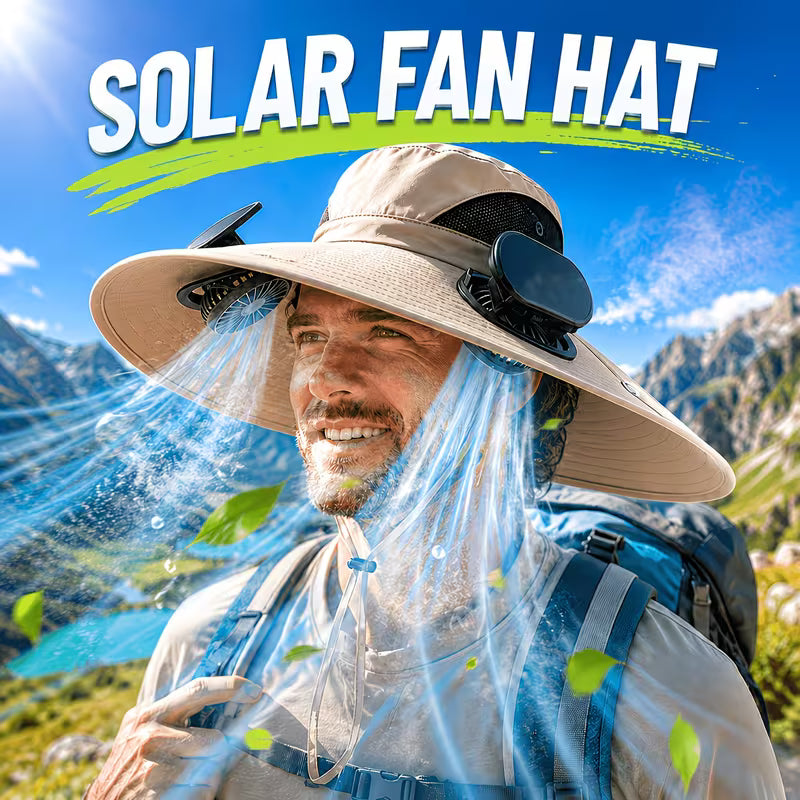 👒Sombrero para el sol con energía solar, doble ventilador, ala ancha transpirable y diseño unisex.