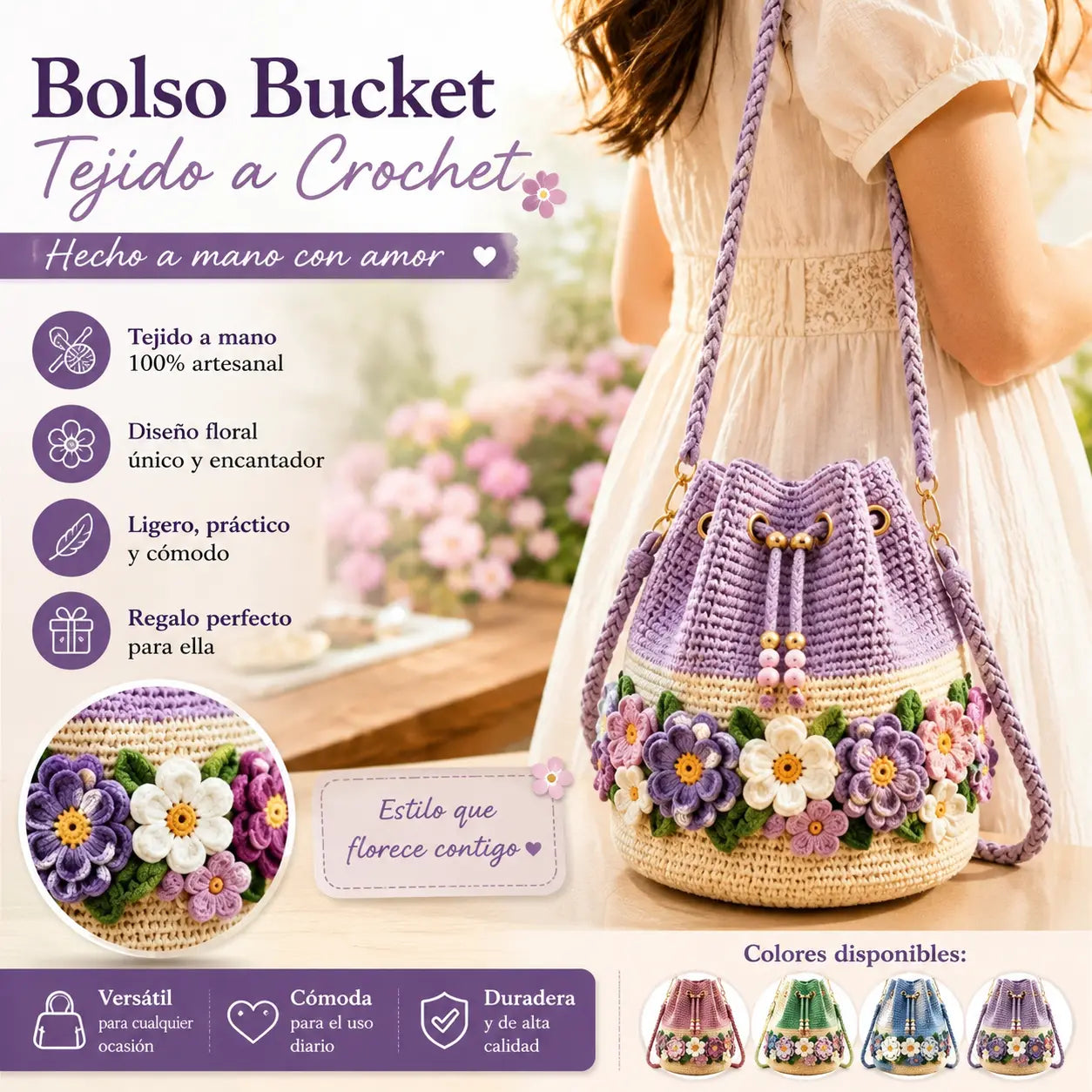🌼 Bolso Cubo de Ganchillo Artesanal – Estilo Bohemio con Flores, Único y Atemporal 👜