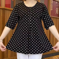 💞【L-5XL】Nueva camiseta de verano de tallas grandes de largo medio con estampado de lunares 2026