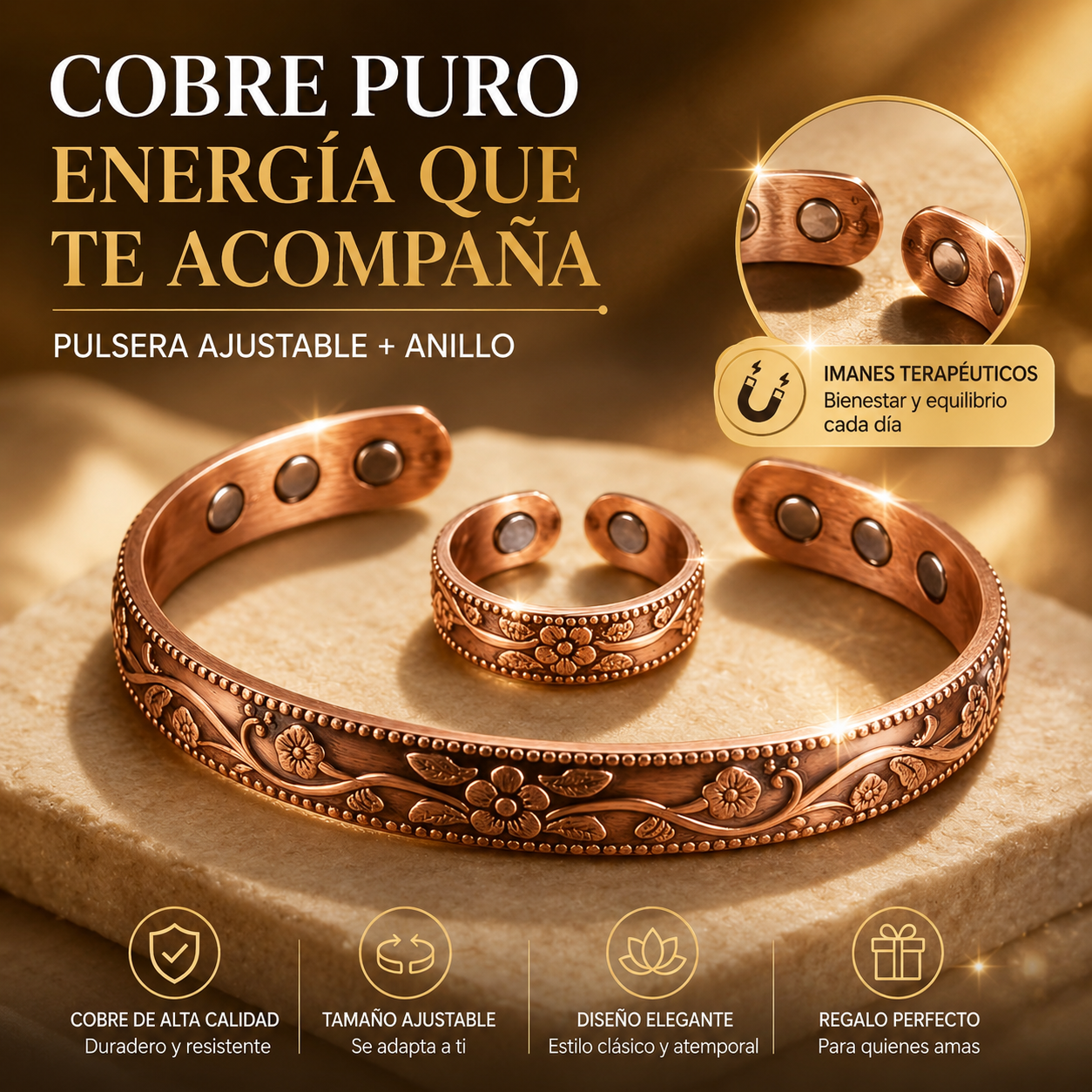 🔥【Pulsera + Anillo】✨Conjunto creativo de pulsera y anillo magnéticos grabados de estilo retro.