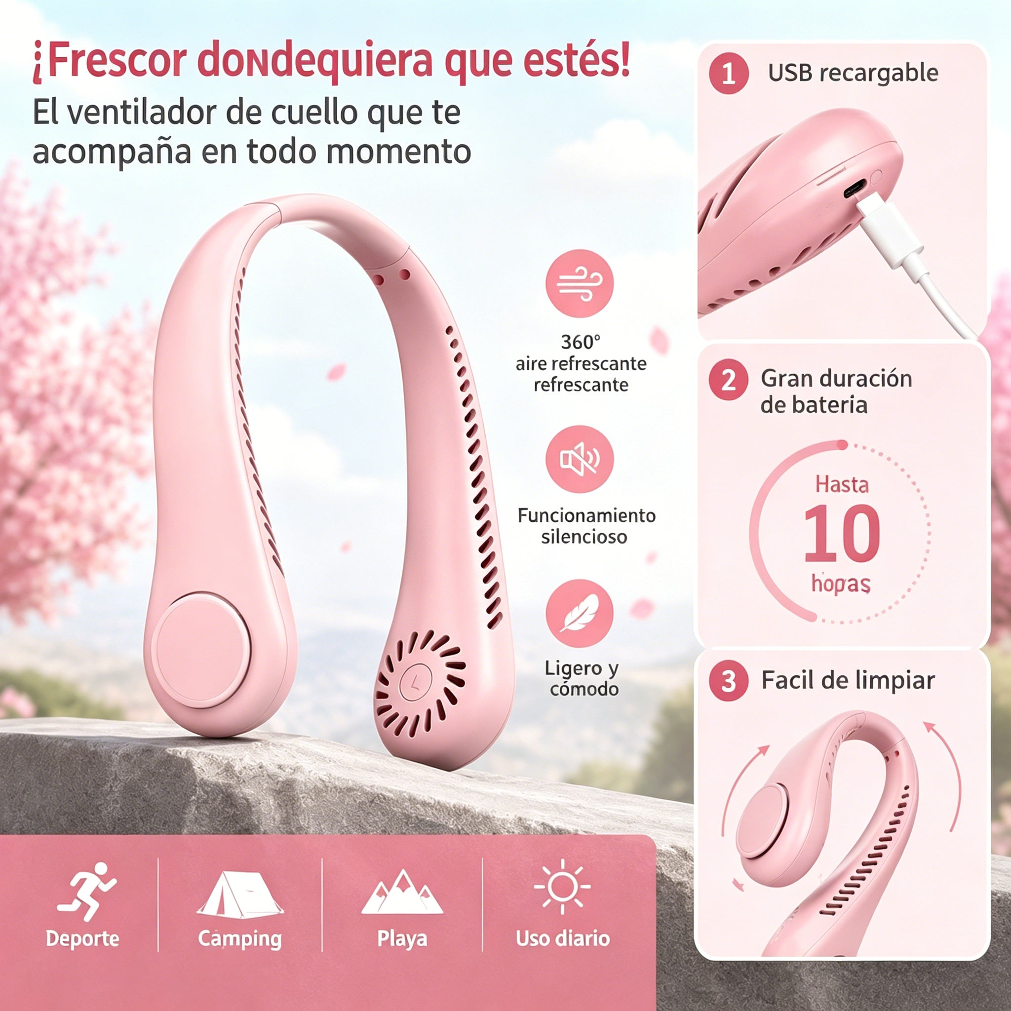 💨 Ventilador de aire acondicionado con cuello – Extremadamente silencioso, portátil y giratorio 360° – Ideal para el verano 🌞