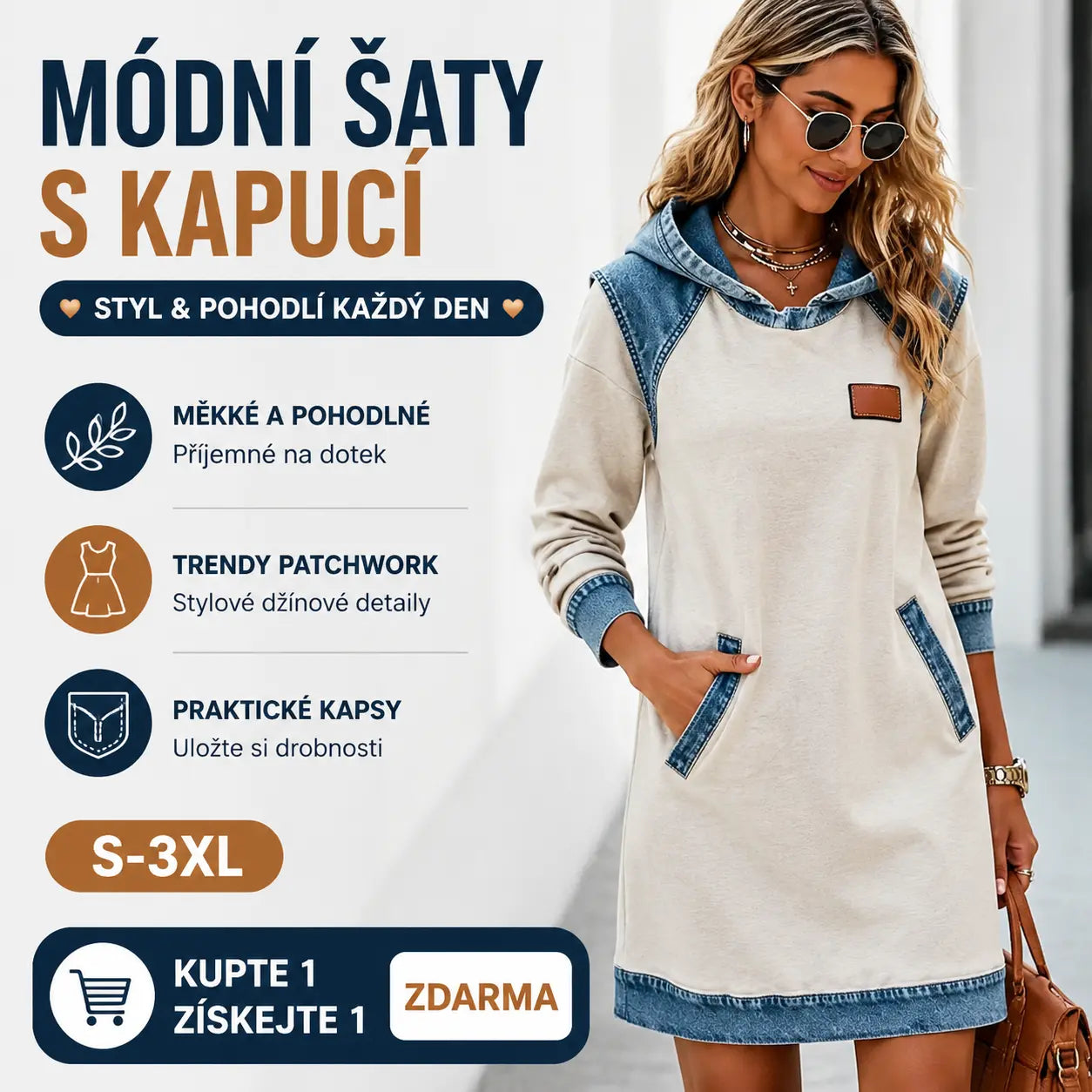 🔥【50% sleva】🌷🌞Zimní novinka Módní džínové patchworkové šaty s kapucí