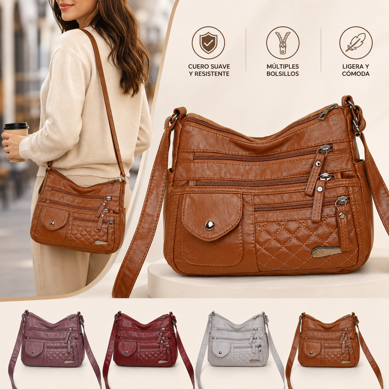 🔥Bolso de cuero suave de gran capacidad y múltiples capas para mujer