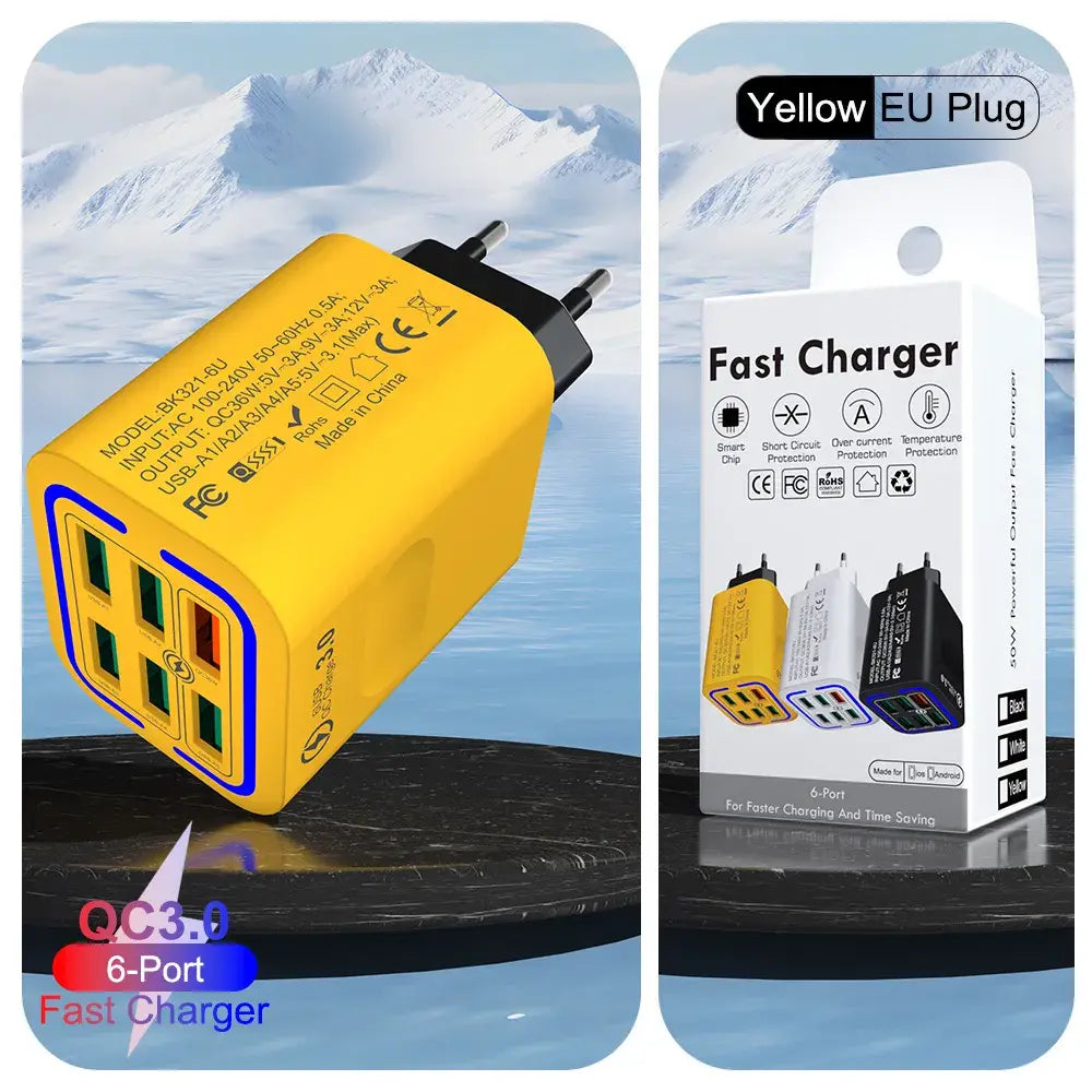 ⚡📱 Cargador USB de 6 puertos con QC3.0 – Carga hasta 6 dispositivos a la vez con alta potencia 💪