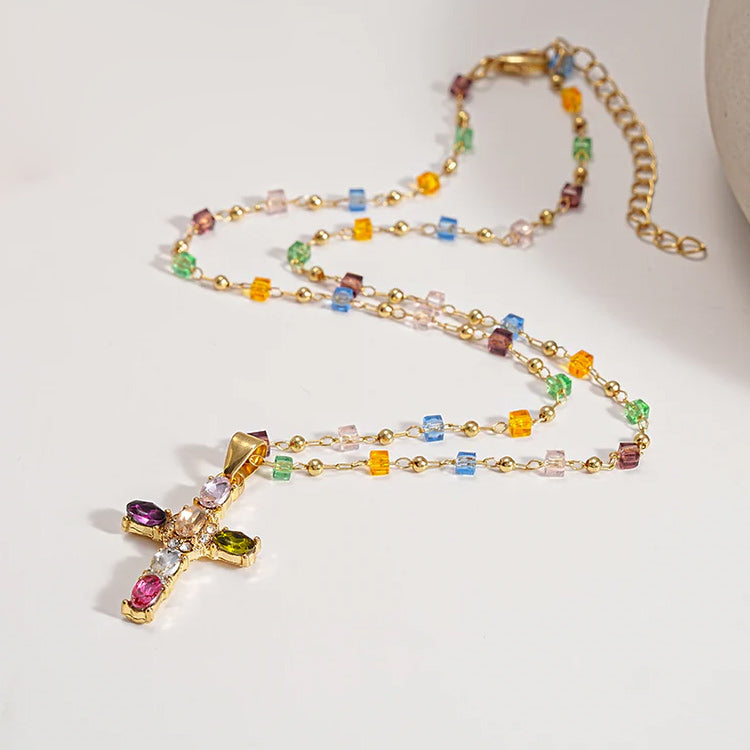 👍🥰🥰 Collar con cruz de circonitas de colores. Incluye un precioso joyero.