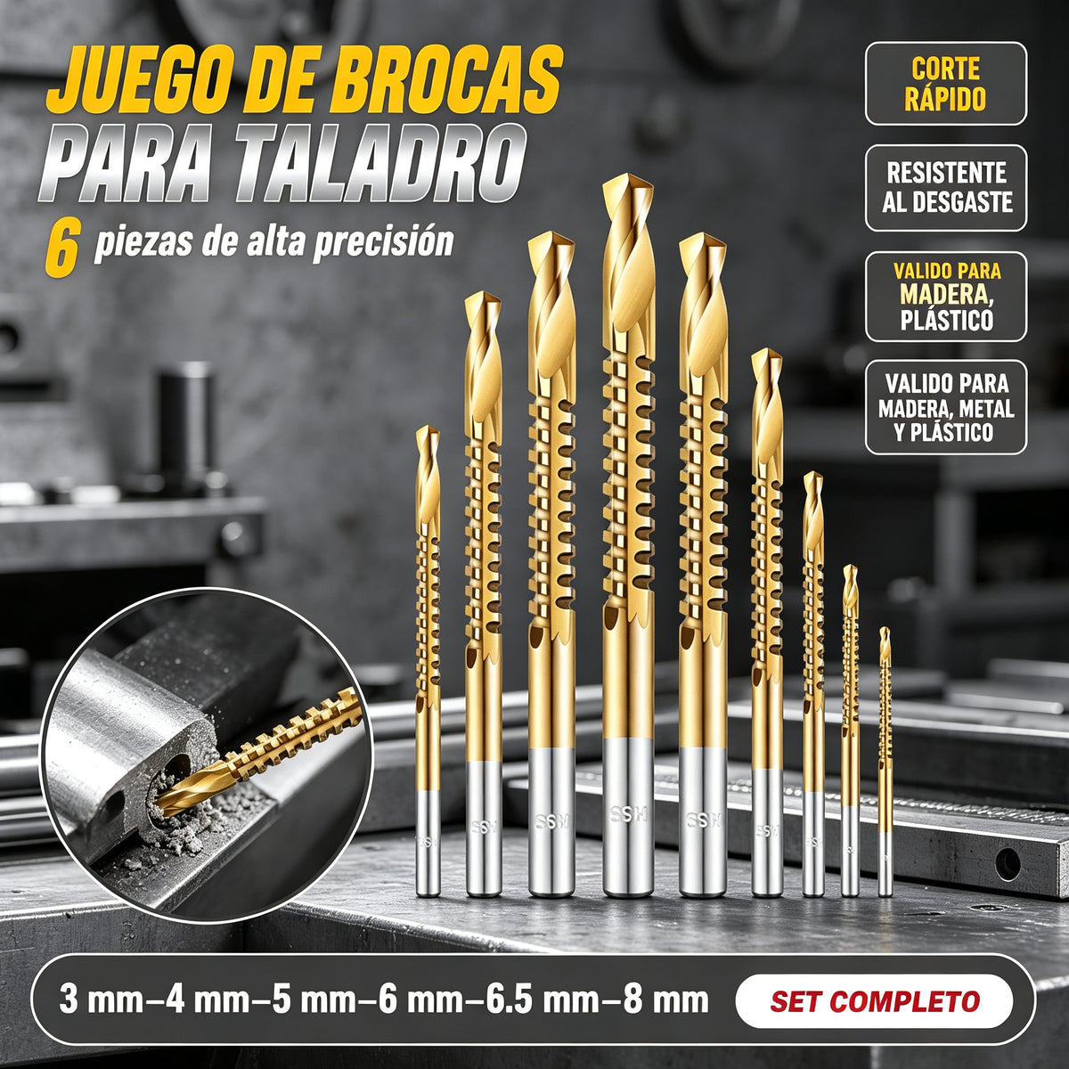 【3+4+5+6+6.5+8 mm】⚙️ Juego de brocas helicoidales: acero de alta velocidad, recubiertas de titanio y compatibles con muchos materiales 🧰
