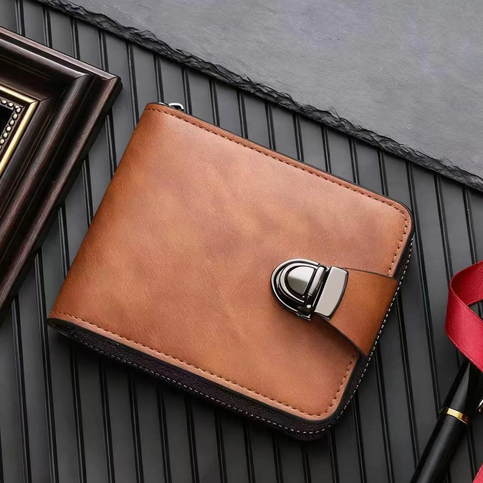 🔥✨Cartera de piel auténtica para hombre: diseño retro con cremallera, compartimento para tarjetas y protección RFID.