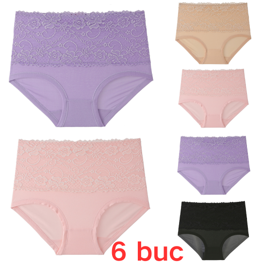 🔥🔥【Balení 6 ks】【M-6XL】💥Poslední den 50% sleva: Dámské kalhotky s vysokým pasem a krajkovým lemem pro větší velikosti