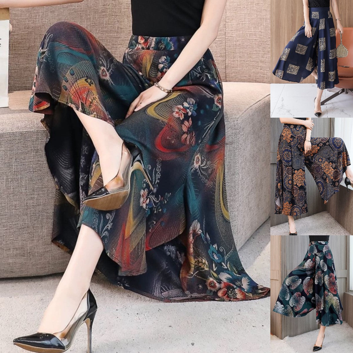 🔥【39%OFF】【XL-5XL】Pantalones de cintura alta, sueltos y adelgazantes con estampado de nueve puntos