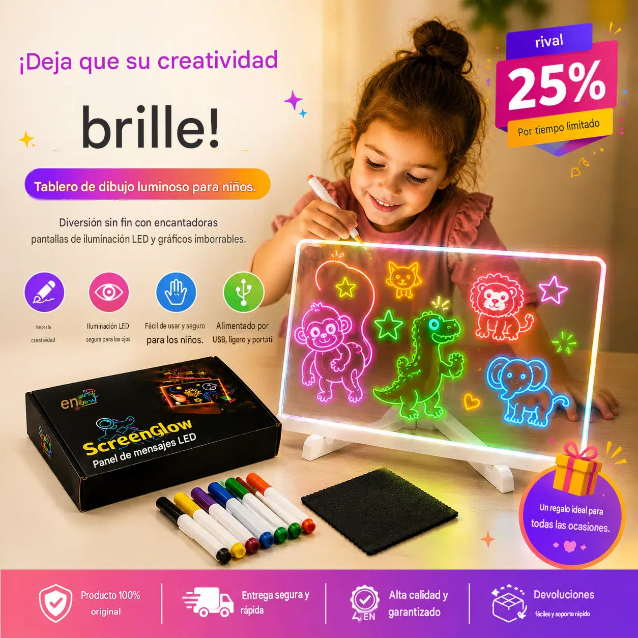 Pizarra fluorescente acrílica borrable para niños, ideal para hacer grafitis.
