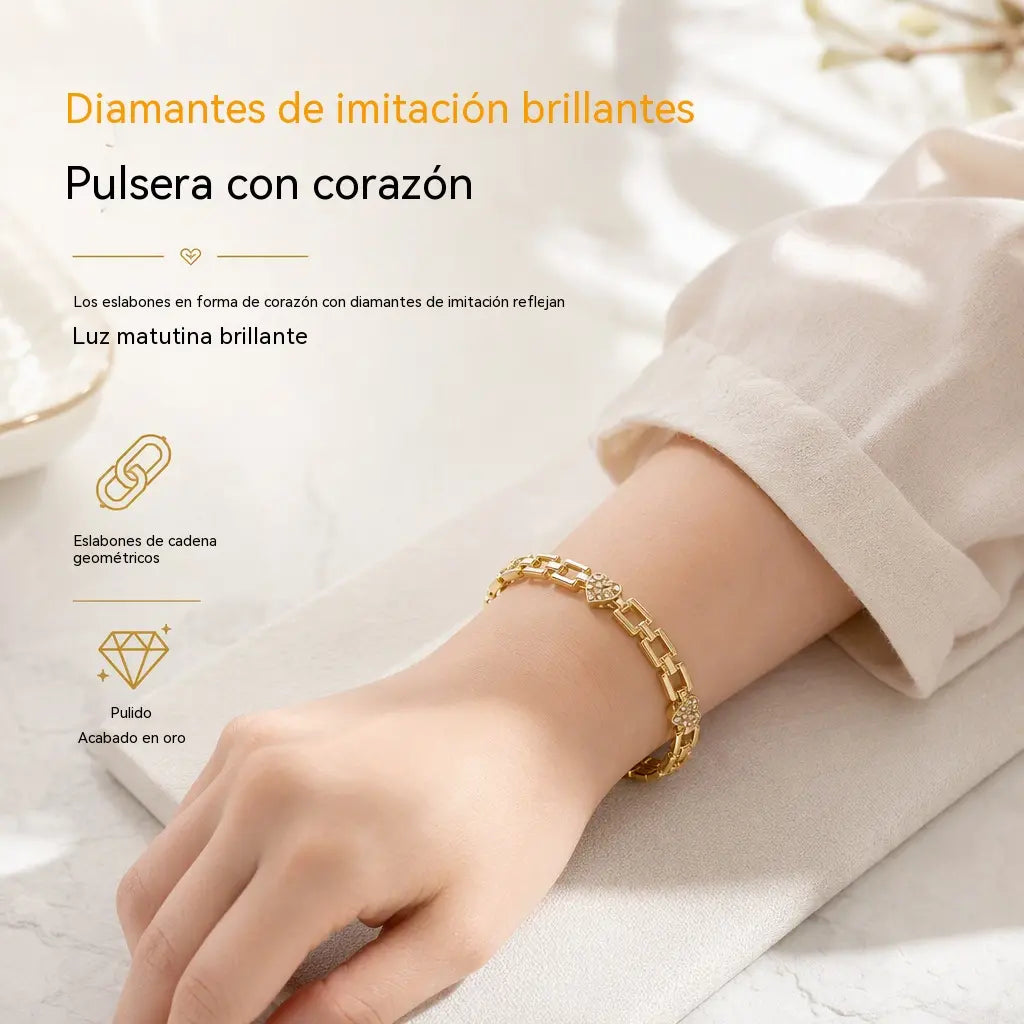 📢📢 ¡Oferta a mitad de precio! ✨💛 Pulsera de cadena dorada con corazones y cuadrados calados adornados con strass: combina a la perfección con cualquier look.