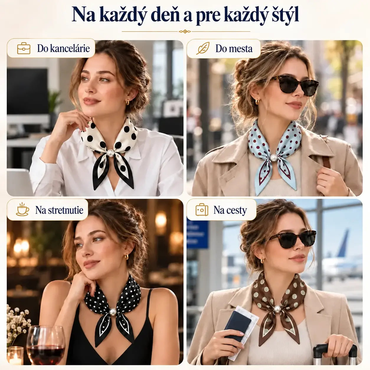 🧣【4-dielna sada】✨ Dámska hodvábna šatka s perlami a magnetickým zapínaním | Elegantná, bez uzlov | Rôzne potlače 🎀