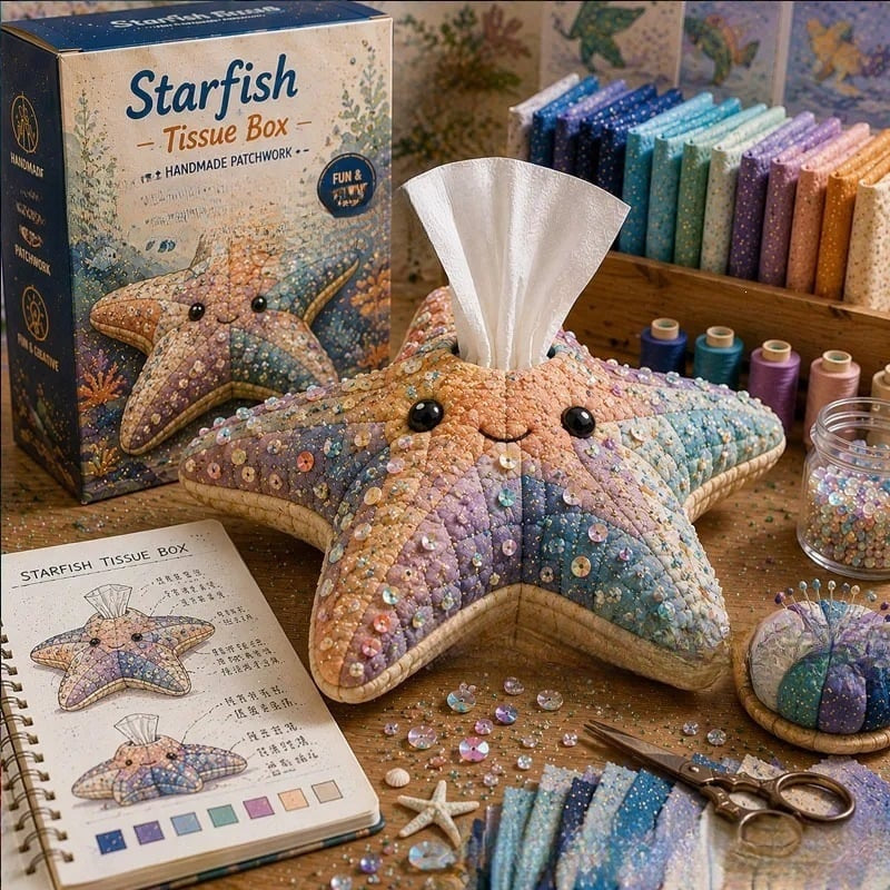 🧵✨ Kit DIY para caja de pañuelos de patchwork – set de costura artesanal con temática marina 🌊🐚