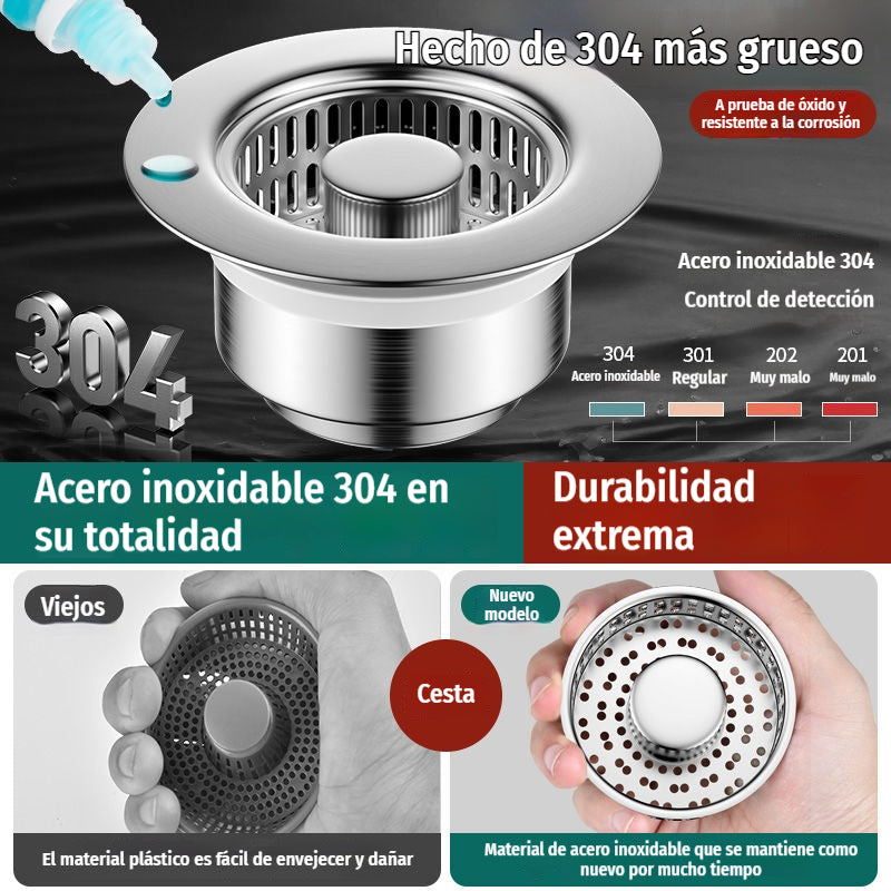 【Pack de 2】💪🛡️ Upgraded 3 en 1 Filtro de desagüe para fregadero de cocina – fabricado en acero inoxidable 304, resistente a la oxidación y duradero, tapón universal 🧽