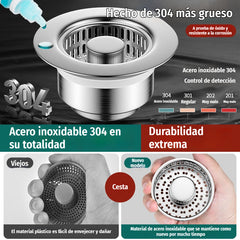 【Pack de 2】💪🛡️ Upgraded 3 en 1 Filtro de desagüe para fregadero de cocina – fabricado en acero inoxidable 304, resistente a la oxidación y duradero, tapón universal 🧽