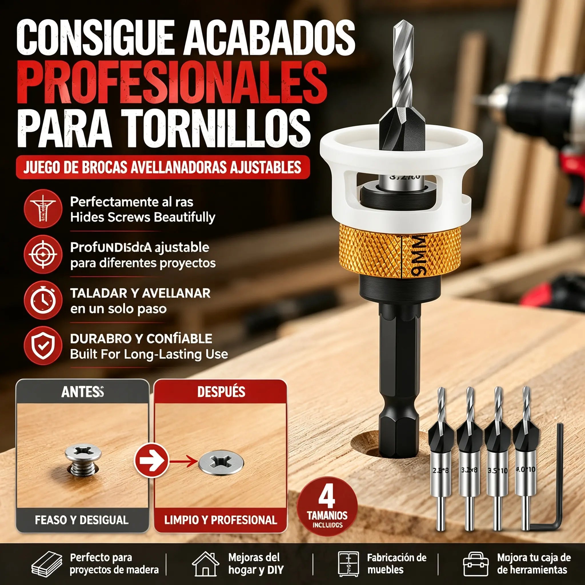 【Tope de profundidad + 4 brocas】🔩 Juego de brocas avellanadoras ajustables | Herramienta profesional para el acabado de tornillos en carpintería