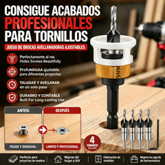 【Tope de profundidad + 4 brocas】🔩 Juego de brocas avellanadoras ajustables | Herramienta profesional para el acabado de tornillos en carpintería