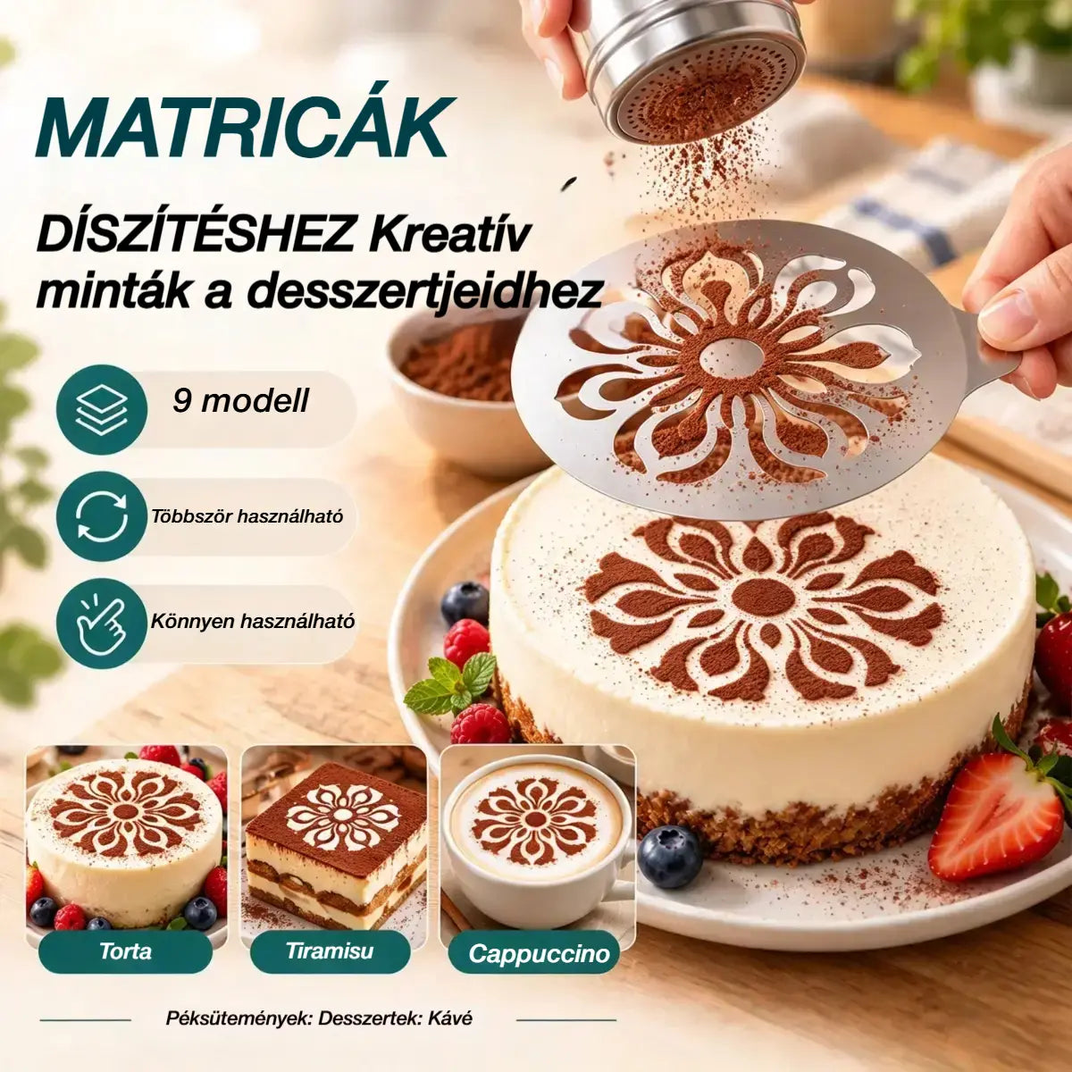 Rozsdamentes acél sablon kávé-latte art készítéséhez