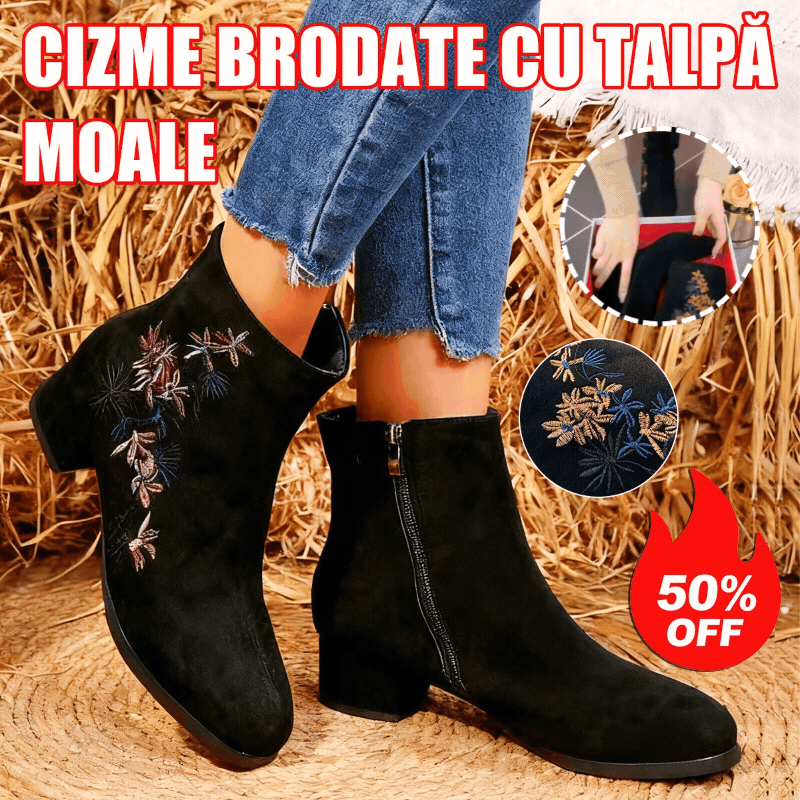 🥰🥰【35-40】Botas de mujer con punta redonda y tacón grueso, bordadas y cepilladas