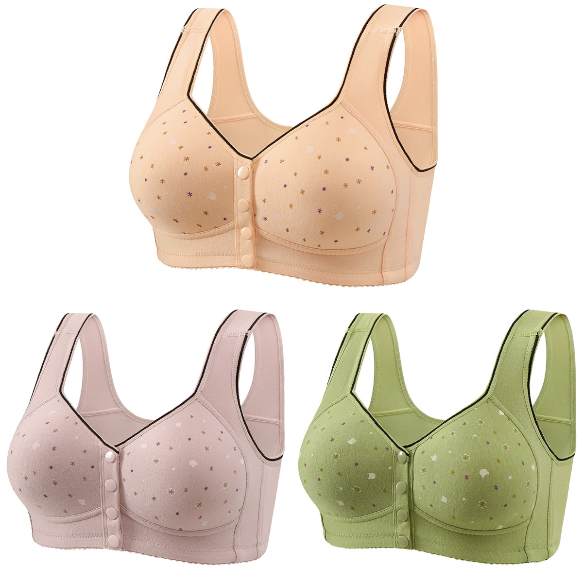 😍【Paquete de 3 piezas】Sujetador sin aros para mujer con botones delanteros 【40-120 kg】❤️Algodón natural antibacteriano y cómodo