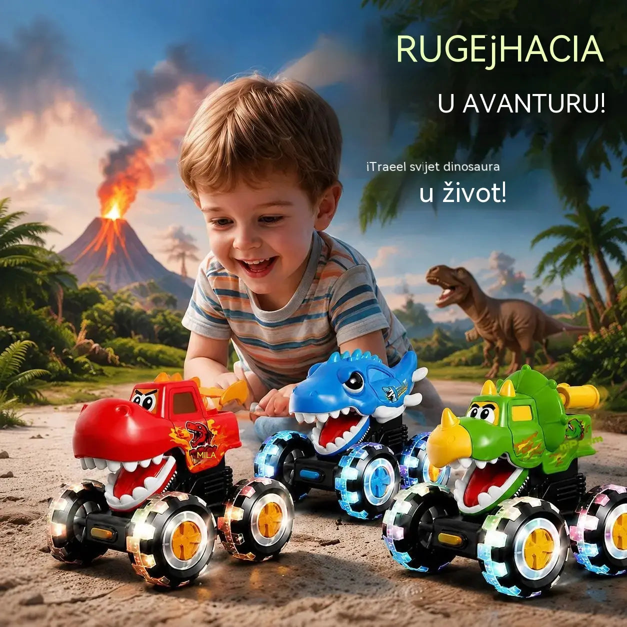 🦖🚗 Automobil s dinosaurima i funkcijom pokretanja pritiskom: laganim pritiskom kreće uz bljeskanje svjetala i zabavnu buku ✨🎮