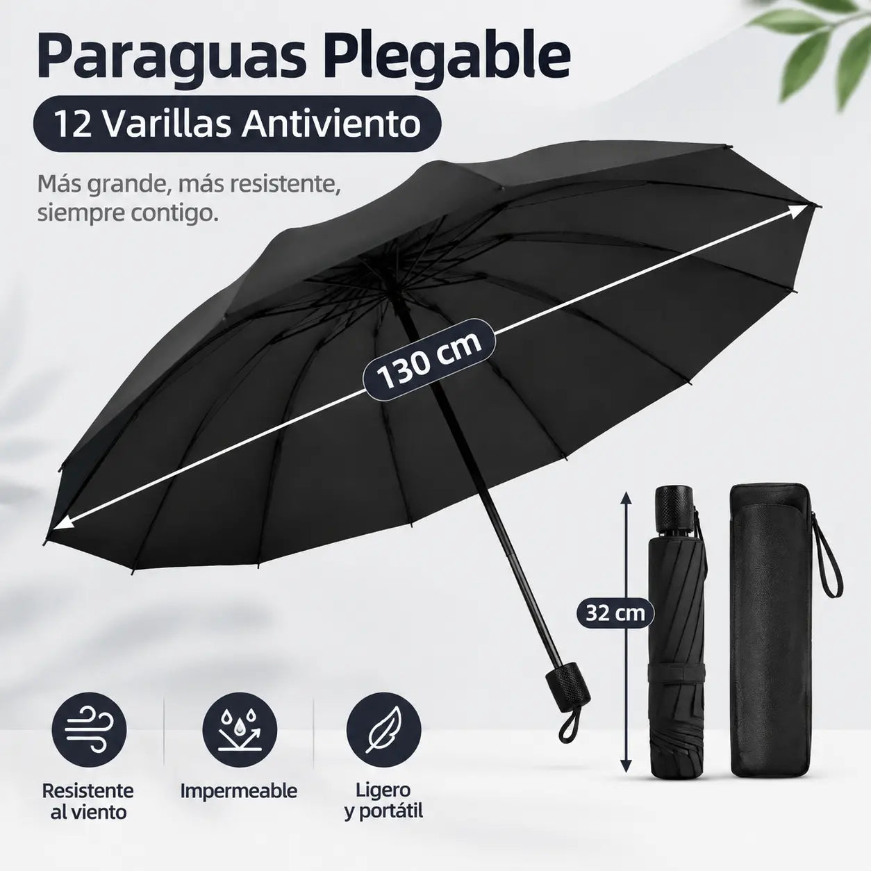 ☔ Paraguas Plegable de 12 Varillas – Resistente al Viento, Impermeable y Ligero para Lluvia y Sol 🌞