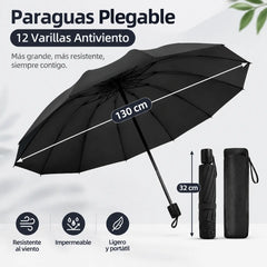 ☔ Paraguas Plegable de 12 Varillas – Resistente al Viento, Impermeable y Ligero para Lluvia y Sol 🌞