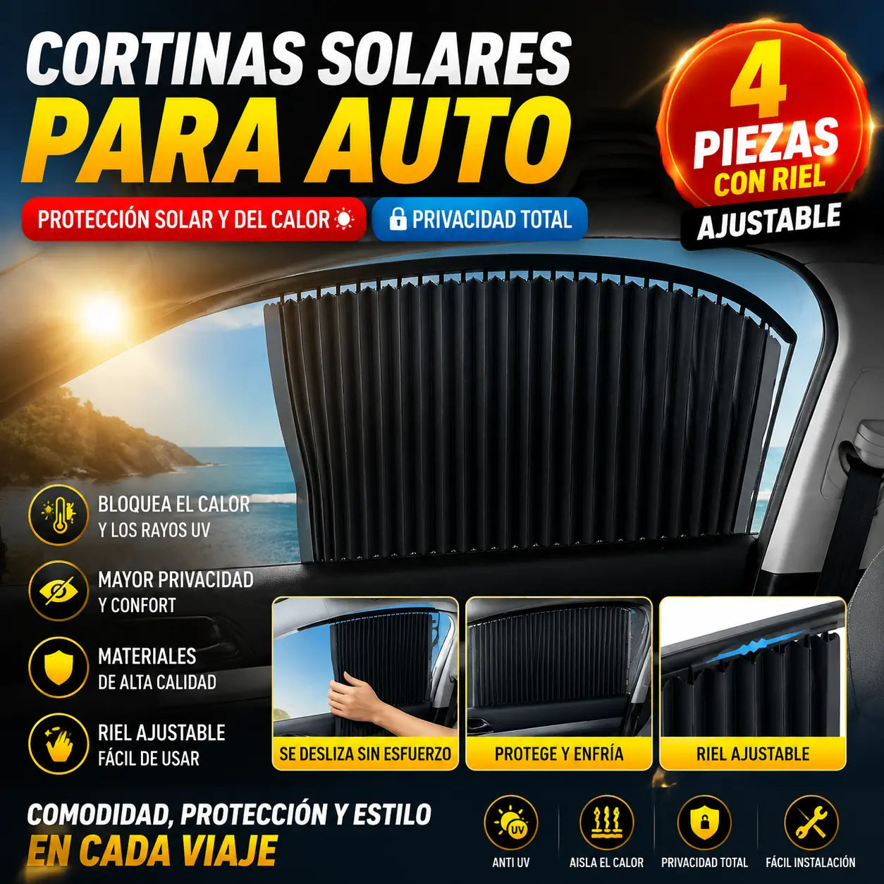 【Juego de 4 piezas】Cortina parasol con riel deslizante para ventana de coche y aislamiento térmico