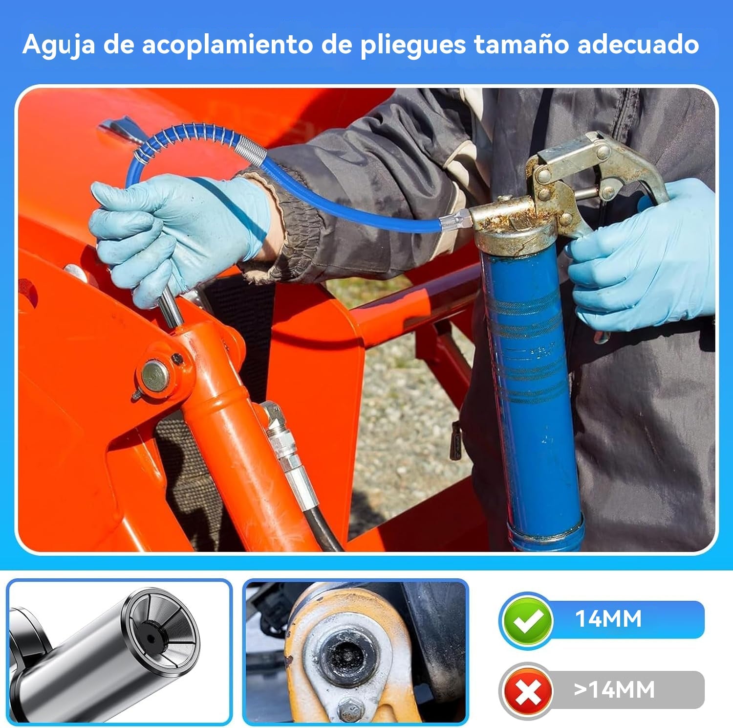 Inyector de grasa de alta presión con abrazadera autoblocante y boquilla de engrase de doble asa + manguera flexible de 30 cm
