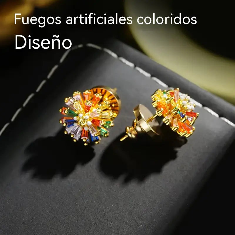 ✨ ✨ Pendientes de botón con diseño de fuegos artificiales de colores – Circonita cúbica, chapados en oro de 18 quilates, festivos 🎆