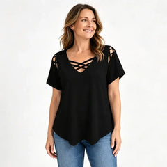 👚【S-5XL】 Top de algodón puro con V y cruzado – Corte con recortes, ligero y perfecto para el día a día ✨